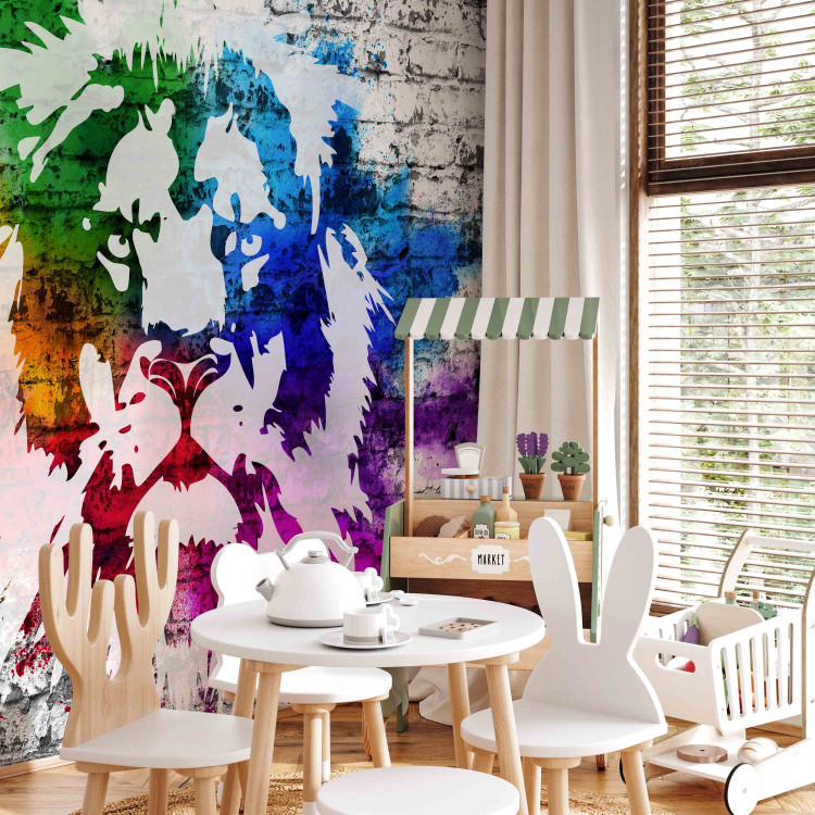 Wall Mural Urban Africa - colourful lion motif on white background with brick texture 126888 additionalImage 6
