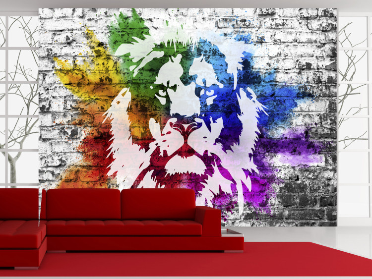 Wall Mural Urban Africa - colourful lion motif on white background with brick texture 126888