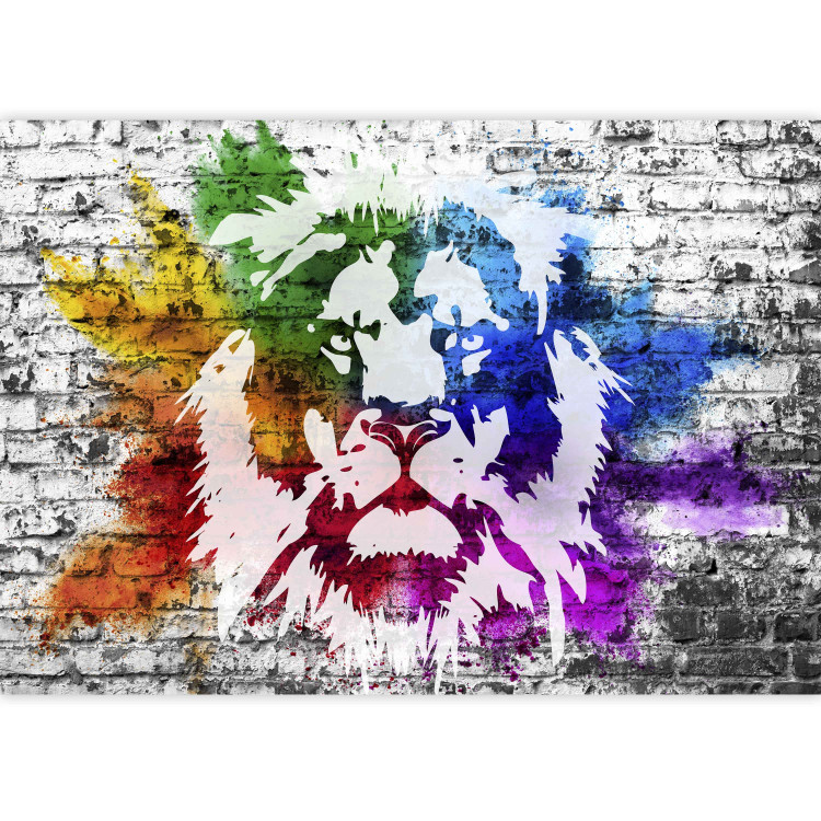 Wall Mural Urban Africa - colourful lion motif on white background with brick texture 126888 additionalImage 3