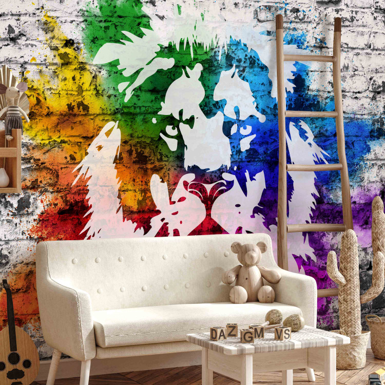 Wall Mural Urban Africa - colourful lion motif on white background with brick texture 126888 additionalImage 4