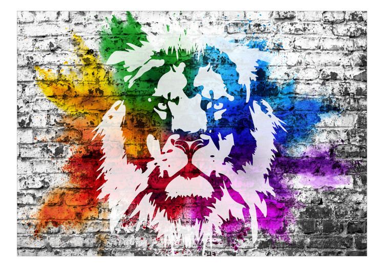 Wall Mural Urban Africa - colourful lion motif on white background with brick texture 126888 additionalImage 1