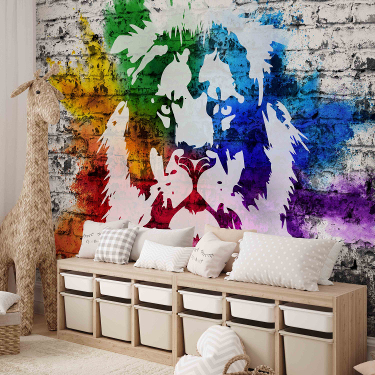 Wall Mural Urban Africa - colourful lion motif on white background with brick texture 126888 additionalImage 5