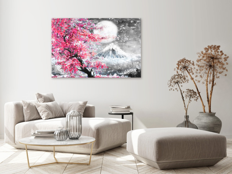 Canvas Blossoming Cherry - Japanese Motif Against the Background of a Landscape With a Mountain and the Moon 147709 additionalImage 3