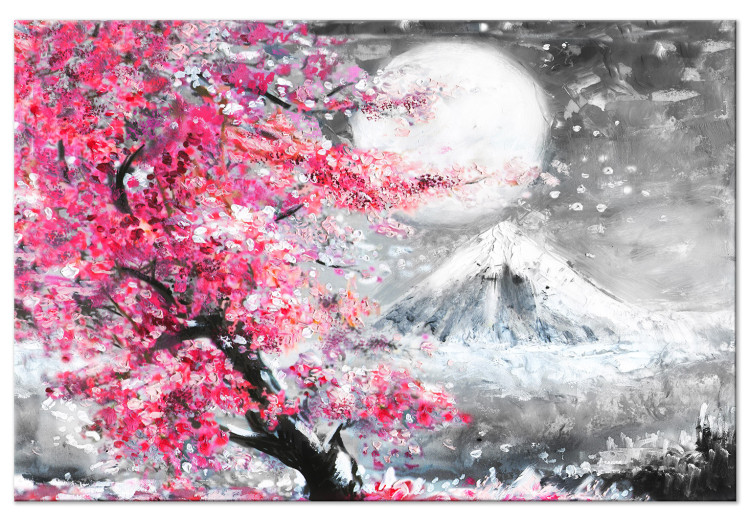 Canvas Blossoming Cherry - Japanese Motif Against the Background of a Landscape With a Mountain and the Moon 147709