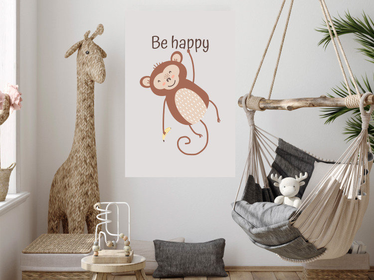Poster Be Happy - Funny Brown Monkey with Banana and Motivational Text for Kids 146619 additionalImage 10