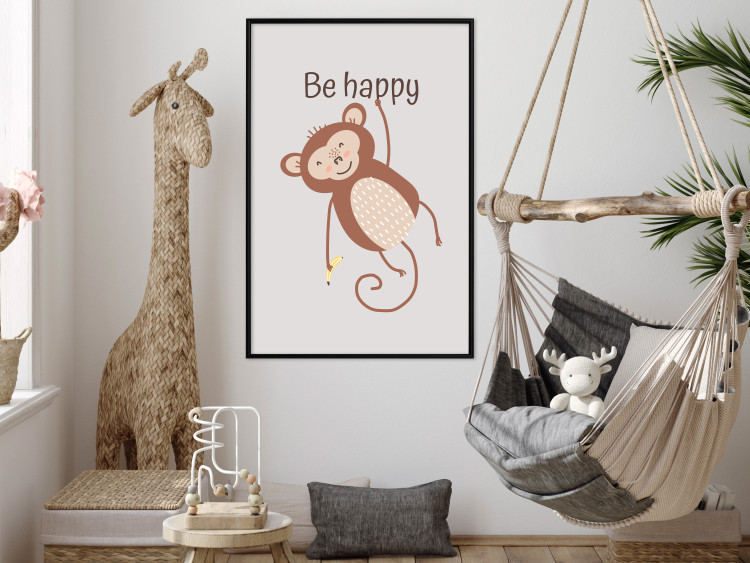 Poster Be Happy - Funny Brown Monkey with Banana and Motivational Text for Kids 146619 additionalImage 16