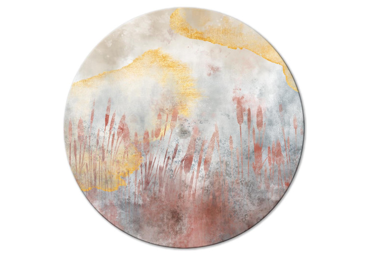 Round Canvas Pink Meadow - Water Grass Painted With Pink Watercolor and Stains of Gold 148719