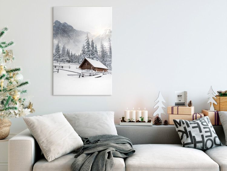 Canvas Winter Morning - Sunrise Landscape Over the Mountains, Forest and a Cottage 148429 additionalImage 3