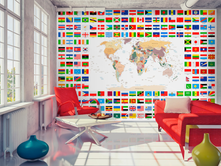 Wall Mural Geography lesson - world map with country flags in English 90439
