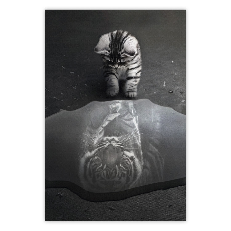 Poster Predatory Animal - Photo of a Cat With a Reflection of a Tiger in a Puddle 144359