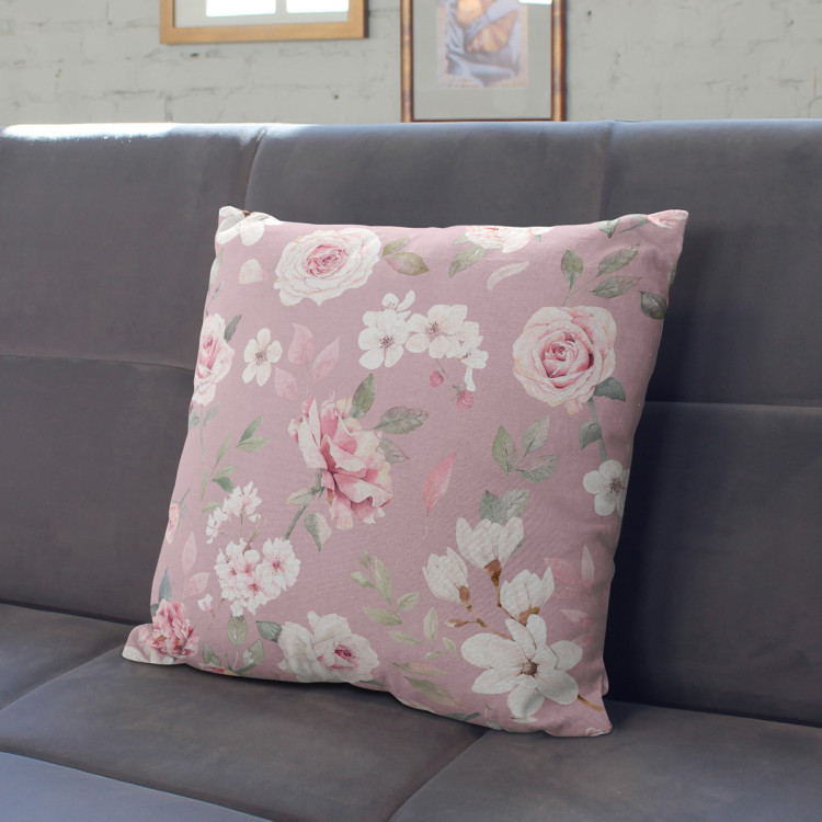 Decorative Microfiber Pillow Spring charm - vintage-style rose and magnolia on dark pink background cushions 146859 additionalImage 5