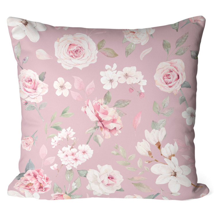 Decorative Microfiber Pillow Spring charm - vintage-style rose and magnolia on dark pink background cushions 146859