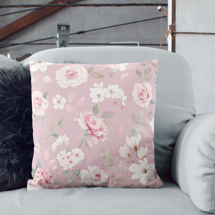 Decorative Microfiber Pillow Spring charm - vintage-style rose and magnolia on dark pink background cushions 146859 additionalImage 2