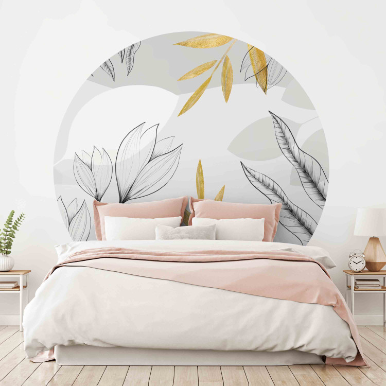 Round wallpaper Large Leaves - Minimalist Nature in Gray and Gold 151459