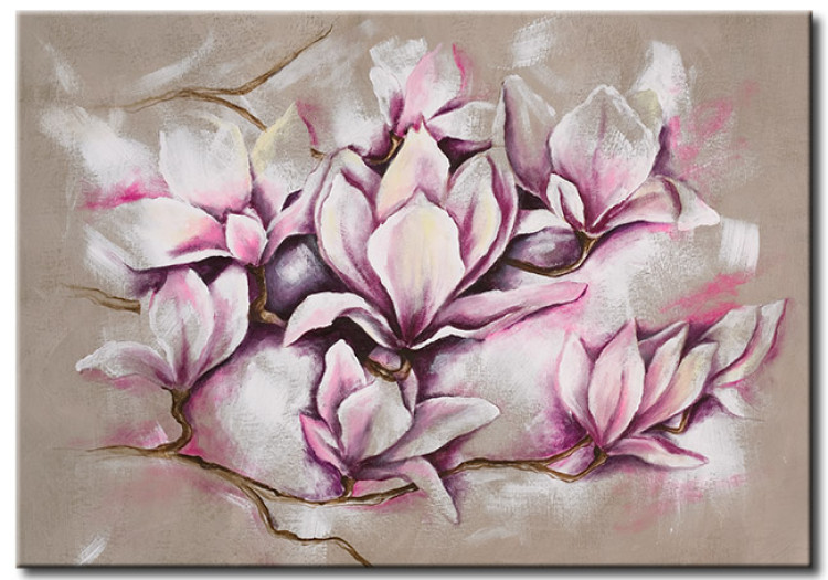 Canvas Pastel Magnolias (1-piece) - Artistic flowers on a beige background 48479