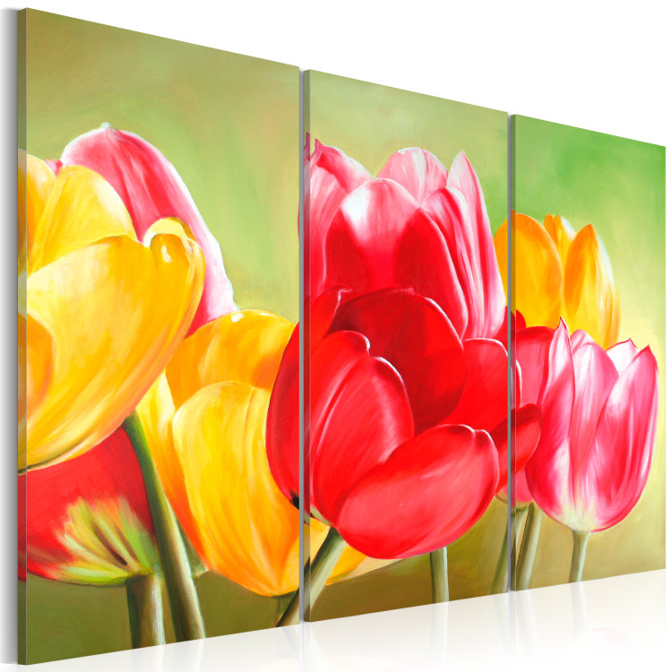 Canvas Tulips in Bloom Again (3-piece) - Colourful flowers on a green background 48679 additionalImage 2