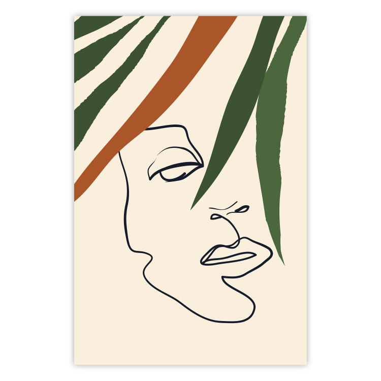 Poster Magical Gaze - simple lineart with a human face among leaves 137499
