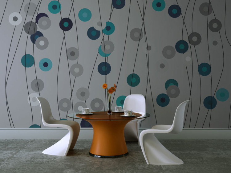 Wall Mural Threads - Geometric Figures with Turquoise Accent on a Gray Background 60699